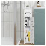 TuoxinEM Storage Cabinet for Small Spaces, Over The Toilet Cabinet for Skinny Bathroom Storage Corner Floor, Slim Paper Holder with 2 Doors & Shelves - Retail: $24