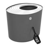 APPEARS NEW - IRIS USA Round Top Entry Cat Litter Box Litter Particle Catching Cover and Privacy Walls with Scoop  Dark Gray/White