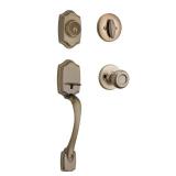 Kwikset Belleview Front Door Lock Handle and Deadbolt Set, Entry Handleset Exterior with Interior Door Knob, Antique Brass, Pick Resistant SmartKey Rekey Deadbolt Security