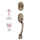 Kwikset Belleview Front Door Lock Handle and Deadbolt Set, Entry Handleset Exterior with Interior Door Knob, Antique Brass, Pick Resistant SmartKey Rekey Deadbolt Security