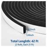 Kikerike Self Adhesive Foam Tape Weatherstrip 1/2In x 1/4In x 42Ft High Density Foam Insulation Strips Seal Weather Stripping with Strong Adhesive for Door and Window Sound Isolation Soundproofing