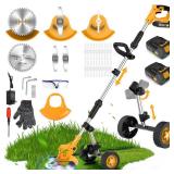 20000 RPM Electric Weed Wacker Cordless, 3-in-1 Weed Eater Cordless with Battery Powered, Lawn Mower/Grass Trimmer/Lawn Edger with 3 Types Blades, Battery Weed Wacker with Wheels (2 Battery, Yellow)