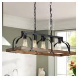 WUZUPS 5-Light Metal Chandelier Imitation Wood Grain Linear Pendant Ceiling Lighting Rustic Farmhouse Fixture Kitchen Island Dining Room, H 8.5 L 31.5" W10, E26 Base, Black & Retro Wood