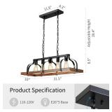 WUZUPS 5-Light Metal Chandelier Imitation Wood Grain Linear Pendant Ceiling Lighting Rustic Farmhouse Fixture Kitchen Island Dining Room, H 8.5 L 31.5" W10, E26 Base, Black & Retro Wood