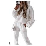 Wdirara Womens 2 Piece Sweats Set, White, Large