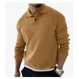 Angeun Mens Long Sleeve Polo Sweater, Khaki, Medium