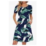 AUSELILY Womens Short Sleeve Summer Dress Pleated Loose Swing Knee Length Dresses with Pockets (2XL)