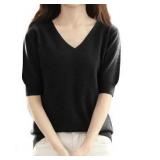 V-Neck Short Sleeve Knit Sweater, Gray