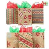24 Christmas Kraft Gift Bags with Assorted Christmas Prints