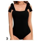 Black Bow-Shoulder Square Neck Bodysuit - Lg