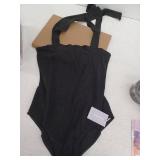 Black Bow-Shoulder Square Neck Bodysuit - Lg