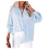 Womens Smocked Cuffed Striped Boyfriend Shirt Casual Collar Long Sleeve Oversized Button Down Blouse Tops with Pocket Shirred Blue Large