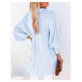 Womens Smocked Cuffed Striped Boyfriend Shirt Casual Collar Long Sleeve Oversized Button Down Blouse Tops with Pocket Shirred Blue Large