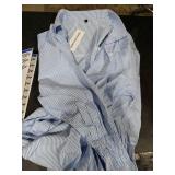 Womens Smocked Cuffed Striped Boyfriend Shirt Casual Collar Long Sleeve Oversized Button Down Blouse Tops with Pocket Shirred Blue Large