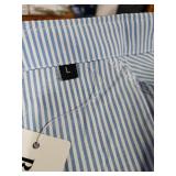 Womens Smocked Cuffed Striped Boyfriend Shirt Casual Collar Long Sleeve Oversized Button Down Blouse Tops with Pocket Shirred Blue Large