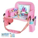 MENZOKE Kids Travel Tray for Toddler Car Seat, Lap Tray for Girl Activities with Dry Erase Board & Cooler Cup Holder, Road Trip Essentials Accessories with No-Drop Large Tablet iPad Holder Stand,Pink