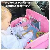 MENZOKE Kids Travel Tray for Toddler Car Seat, Lap Tray for Girl Activities with Dry Erase Board & Cooler Cup Holder, Road Trip Essentials Accessories with No-Drop Large Tablet iPad Holder Stand,Pink