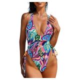 ZAFUL Women Plunging One Piece Swimsuit Backless Cross Tie High Cut Thong One-Piece Bathing Suit 0-Purple Pattern L