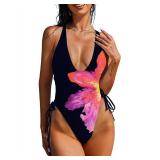 ZAFUL Women Plunging One Piece Swimsuit Backless Cross Tie High Cut Thong One-Piece Bathing Suit 0-Black floral2 XL