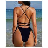 ZAFUL Women Plunging One Piece Swimsuit Backless Cross Tie High Cut Thong One-Piece Bathing Suit 0-Black floral2 XL