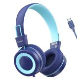 Cowyawn USB Type C Kids Headphones for School, Wired Toddler Headphones, 94dB Volume Limited, HD Stereo Sound, Foldable Lightweight On-Ear Wired Headphones for Kids/Children/Teens/Boys (Dark Blue)