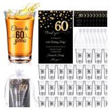 FillTouch 50 Sets Birthday Party Favors for Guests Bulk, 1.4 oz Cheers to 40/45/50/55/60/65 Years Plastic Personalized Glasses Cups with Thank You Cards Gift Bag for Birthday Wedding (Black 60 Years)