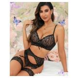 ssyyx Sexy Lingerie for Women,3 Piece Lace Lingerie Set Bra and Panty Sets with Garter Belt Babydoll Teddy Medium