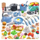 130Pcs Kitchen Playset, Toddler Pretend Cooking Play Pots, Pans, Utensils Cookware, Daily Food Fruit Veges, Shopping Storage Basket, Dessert, Prop Money, Learning Gift for Child (Blue)