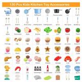 130Pcs Kitchen Playset, Toddler Pretend Cooking Play Pots, Pans, Utensils Cookware, Daily Food Fruit Veges, Shopping Storage Basket, Dessert, Prop Money, Learning Gift for Child (Blue)