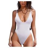 ESONLAR Women Sexy Deep V Neck Backless Monokini Adjustable Straps One Piece Bathing Suit White L