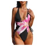 ZAFUL Women Plunging One Piece Swimsuit Backless Cross Tie High Cut Thong One-Piece Bathing Suit 0-Black Floral L