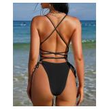 ZAFUL Women Plunging One Piece Swimsuit Backless Cross Tie High Cut Thong One-Piece Bathing Suit 0-Black Floral L