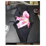 ZAFUL Women Plunging One Piece Swimsuit Backless Cross Tie High Cut Thong One-Piece Bathing Suit 0-Black Floral L
