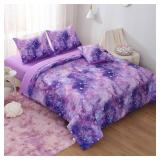 Keyroal Galaxy Constellation Print Comforter Set Full Girls Gradient Bedding Set,6 Piece Bed in a Bag with Sheet Bedding Gift for Kids(Purple)