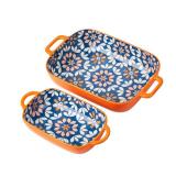 ONCCI Ceramic Baking Dish Set, 2-Piece Hand-painted Porcelain Rectangular Bakware set with Handles,Large 10.55L*7.4W and 7.87L*5.4W Small Casserole Dish for Oven/Cooking/Kitchen(Royal Blue)