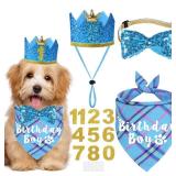 JOTFA Dog Birthday Party Supplies, Multi Sizes Dog Birthday Hat Crown with Numbers Bandana Boy Bow Tie for Small Dogs Pets (Light Blue, Small)