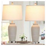 CINSARY 25 Farmhouse Jar Table Lamps Set of 2, 3 Way Touch Control Rustic Bedside Lamps with USB A+C Ports & AC Outlet, Pot Nightstand Lamps for Bedroom Living Room