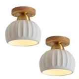 2 Pack Ceramic White Globe Wood Brass Gold Semi Flush Mount Ceiling Light Vintage Hallway Light Fixtures, Mid Century Modern Small Ceiling Mount Light Lamp for Kitchen Laundry Room Entryway Foyer