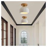 2 Pack Ceramic White Globe Wood Brass Gold Semi Flush Mount Ceiling Light Vintage Hallway Light Fixtures, Mid Century Modern Small Ceiling Mount Light Lamp for Kitchen Laundry Room Entryway Foyer