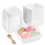 ZORRITA 50 Pack Small Paper Charcuterie Boxes with Clear Lids, 4x4 Inch Mini Cake Slice Boxes To Go Bakery Containers for Individual Desserts, Cookies, Strawberries, Treats (White)