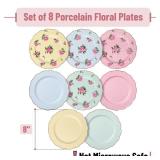 BTaT- Porcelain Floral Plates Set of 8, 8 Inch, Assorted Pastel Colors with Golden Rim, Floral Dessert Plates, Spring Dinnerware, Dishwasher & Freezer Safe