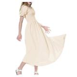 Women Summer Casual Short Puff Sleeve Square Neck Cottagecore Flowy Split Maxi Beach Long Dress Cream Large