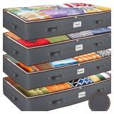 Under Bed Storage Bins - Pack Of 4 Under The Bed Storage Containers For Clothes, Blankets, Winter Clothing, & Shoes - Underbed Storage Containers With Handles, Dual Zippers, & Clear Top
