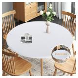 Obstal Fitted Round Table Cloth, Reversible Waterproof Stain Resistant Elastic Stretch Tablecloth, Wipe Clean Table Cover for Outdoor/Indoor Use, Fits Round Tables up to 40 - 44 Diameter, White