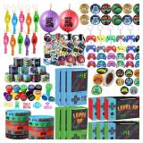 HyDren 147 Pcs Video Game Party Favors Includes Video Game Goodie Treat Boxes Punch Balloons Silicone Bracelets Keychains Badges Stickers for Gaming Birthday Party Supplies (Vivid Style)