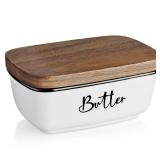 Butter Dish with Lid, ALELION Large Ceramic Butter Dish for Countertop, Butter Keeper with Thick Acacia Wood Lid, Kitchen Decor and Accessories for Kitchen Gifts, White