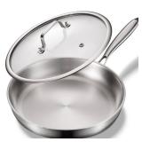 MOUTIUS 10-Inch Tri-Ply Stainless Steel Pan, PFOA and PTFE-Free Skillet Griddle, Stainless Steel Pan Set with Lid for the Kitchen, Induction-Compatible Cookware Sets, Dishwasher and Oven Safe