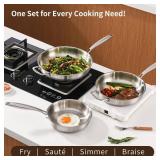MOUTIUS 10-Inch Tri-Ply Stainless Steel Pan, PFOA and PTFE-Free Skillet Griddle, Stainless Steel Pan Set with Lid for the Kitchen, Induction-Compatible Cookware Sets, Dishwasher and Oven Safe