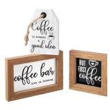 3 Pieces Coffee Bar Decor Sign But First Coffee Wood Sign Mini Farmhouse Wall Rustic Wooden Art Plaque Bar Tabletop Shelf Accessories for Tier Tray Decor Home Office Kitchen