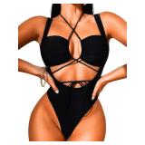 ShawGobow Cutout One Piece Swimsuit,Plunge High Cut Thong Sexy Monokini Bodysuit,Rave Outfit for Women Festival Pool Party Black Large